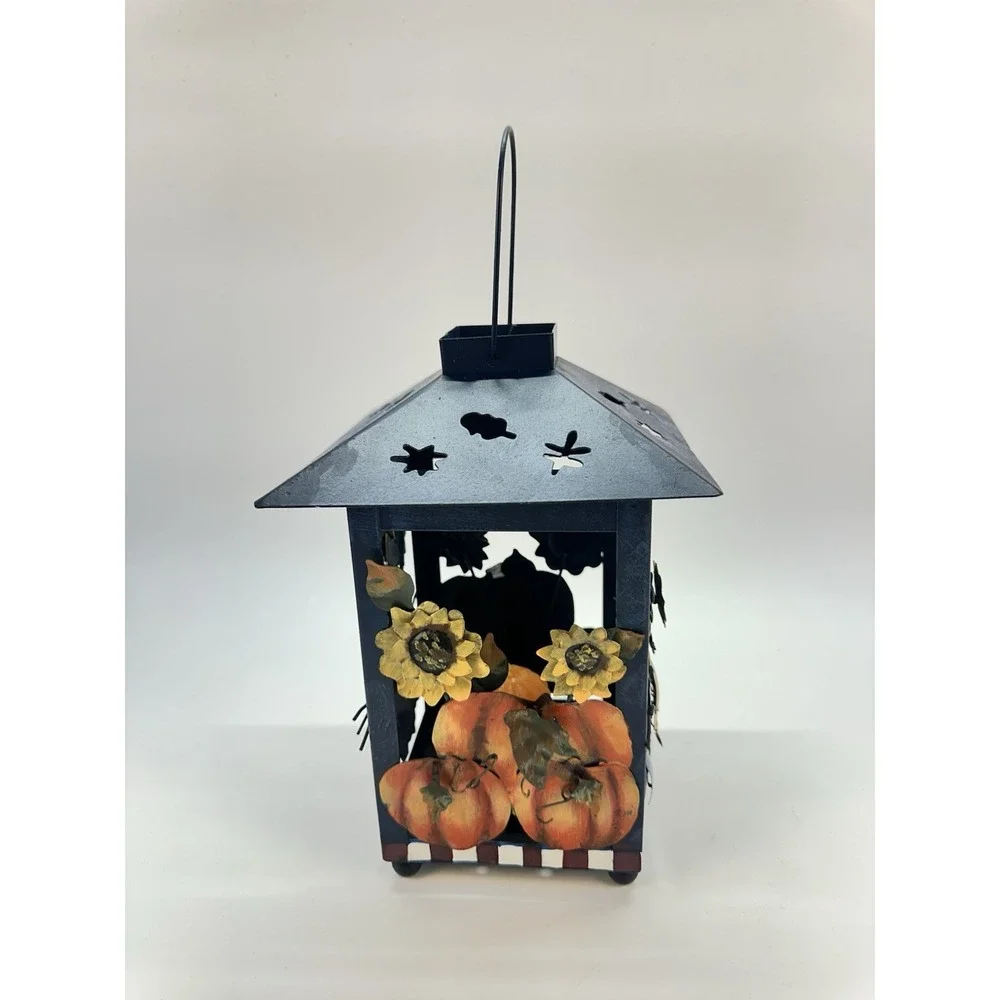 Laurie Korsgaden Fall Scarecrow Pumpkin Metal Lantern Candle Holder Folk Art